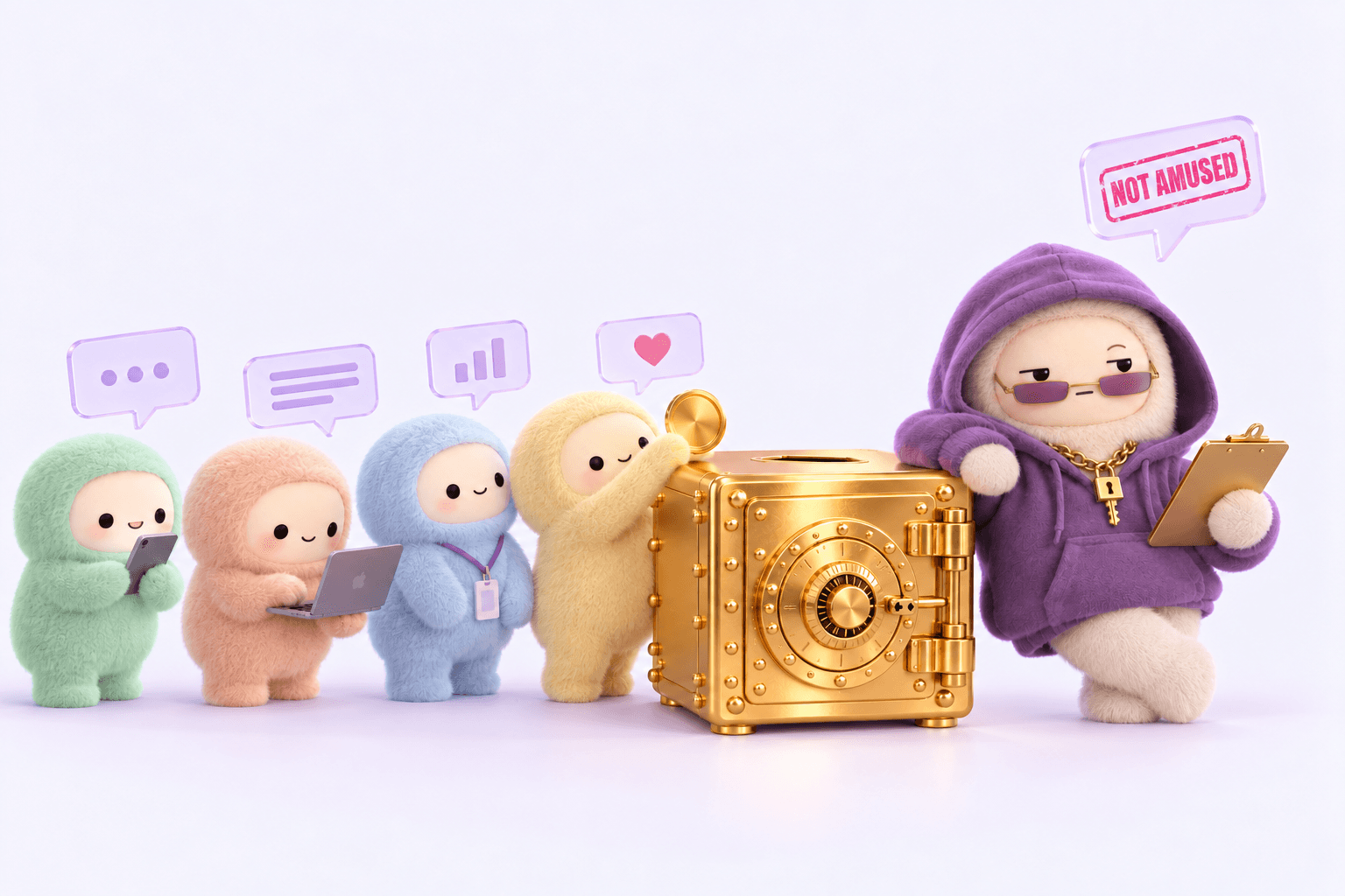 Four fluffy players with a phone, a laptop and a badge line up at amusa's golden vault, one dropping in a coin; amusa, in her hoodie, answers with a NOT AMUSED bubble