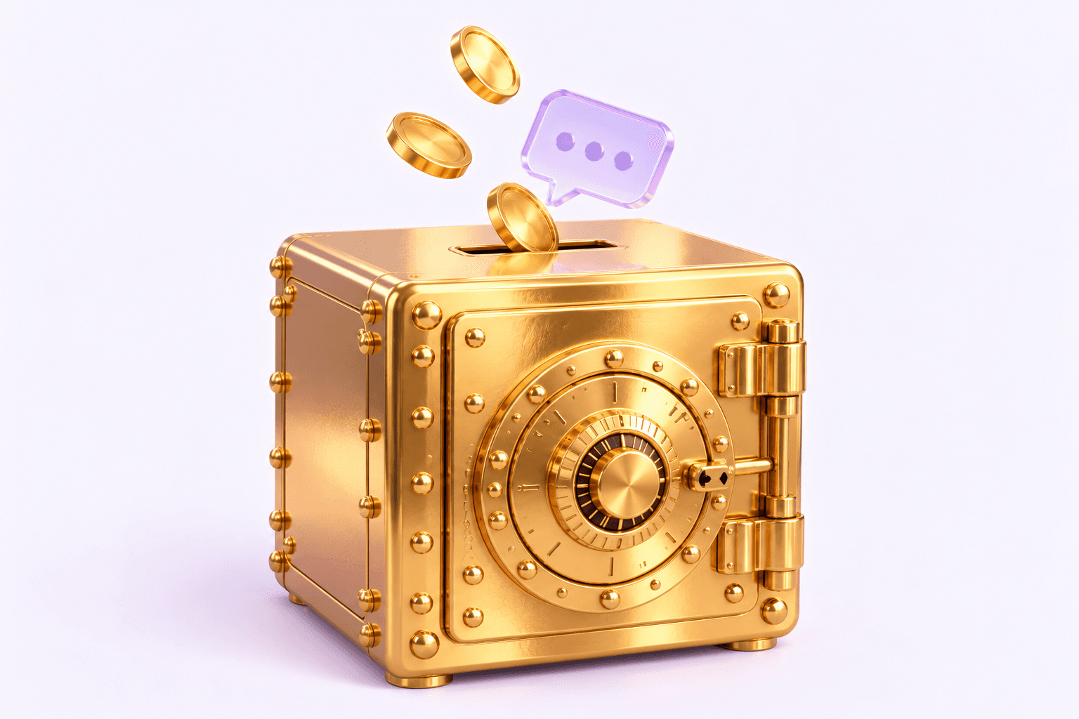 Gold coins and a chat bubble dropping into the slot of a golden vault