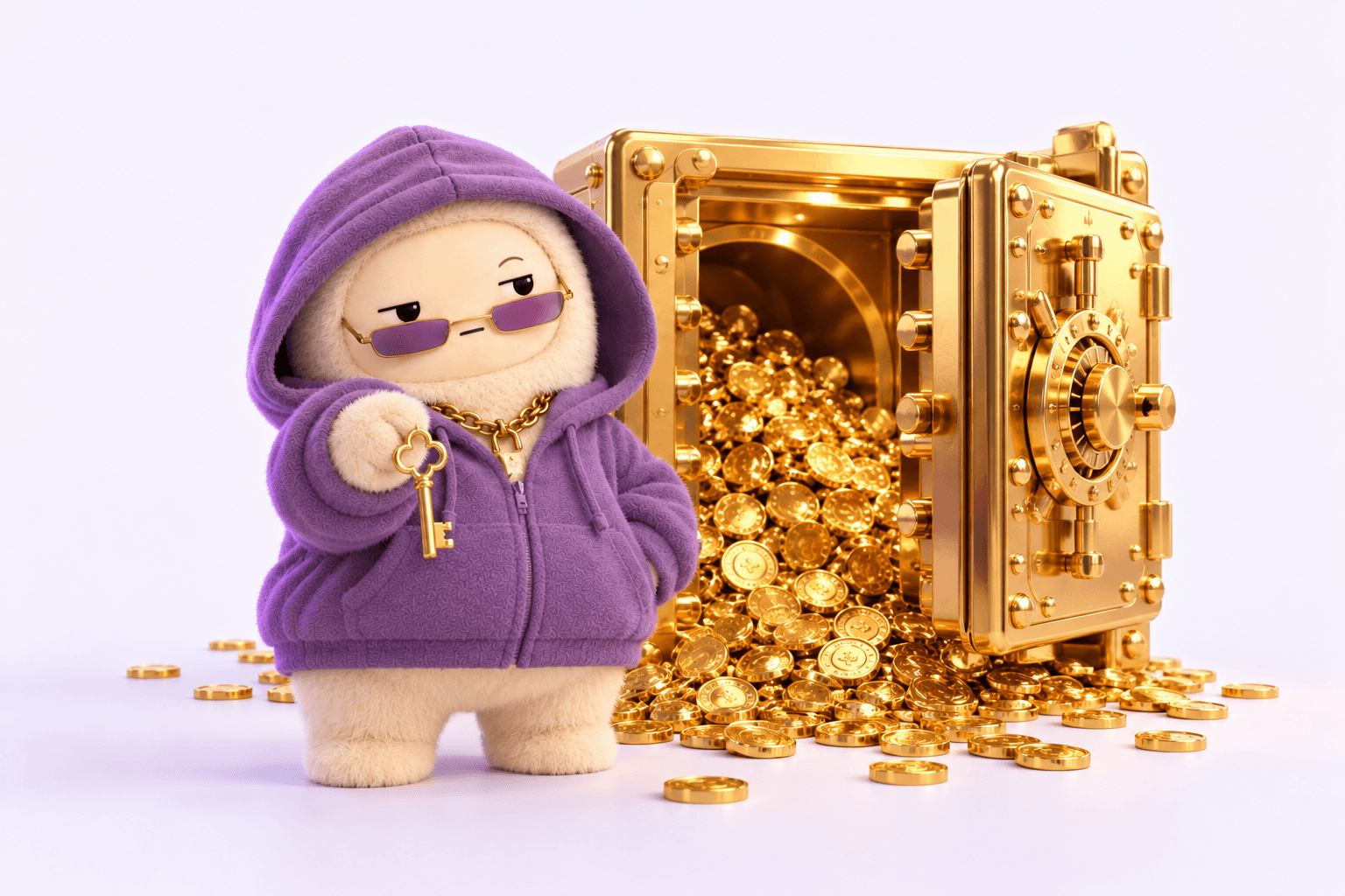 amusa holding out her gold key next to her open vault, full of coins