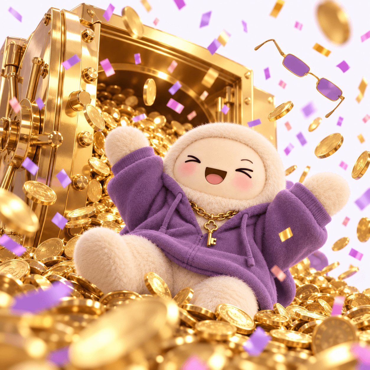 amusa in a pile of gold coins as confetti falls and her glasses fly off